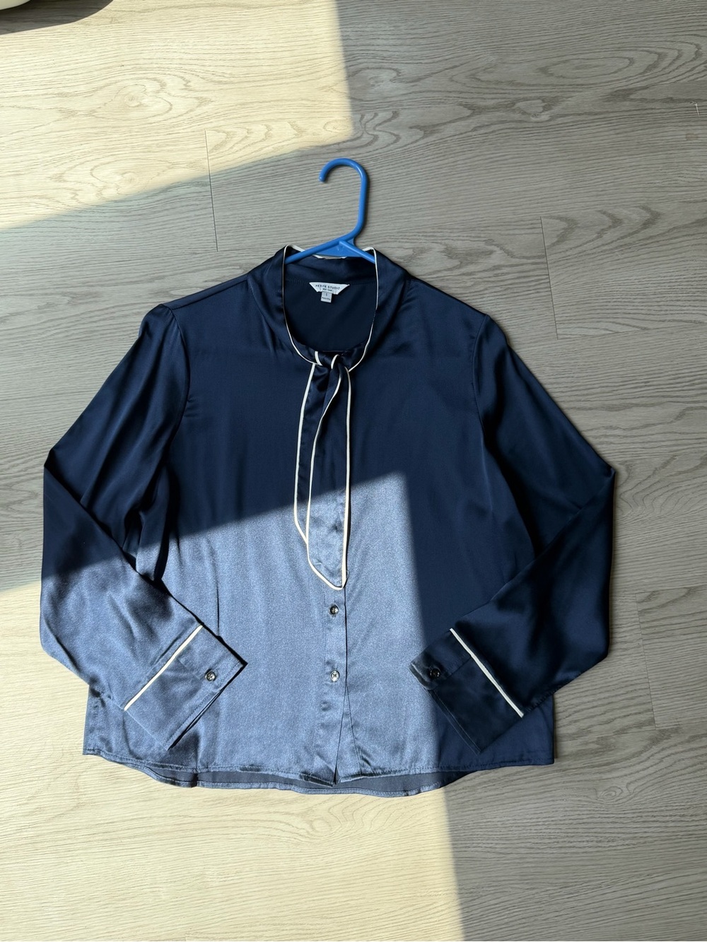 Petite Studio Navy Blue Long-Sleeve Tie-Neck Silk Blouse with White Trim